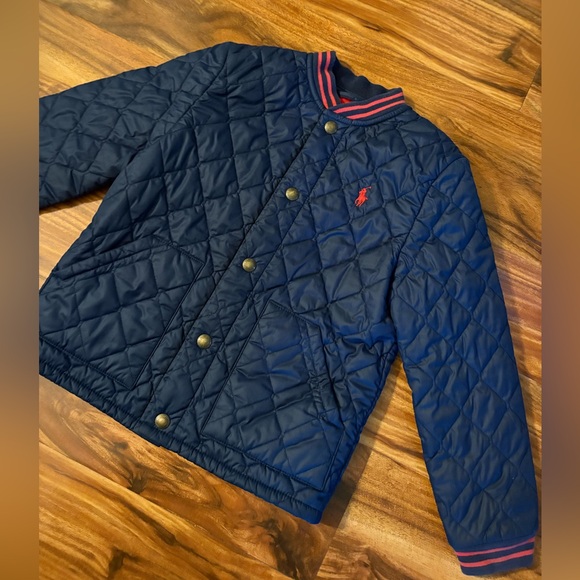 Ralph Lauren Polo Boys Navy Blue & Red Quilted Baseball Jacket 6 Snap Front Coat